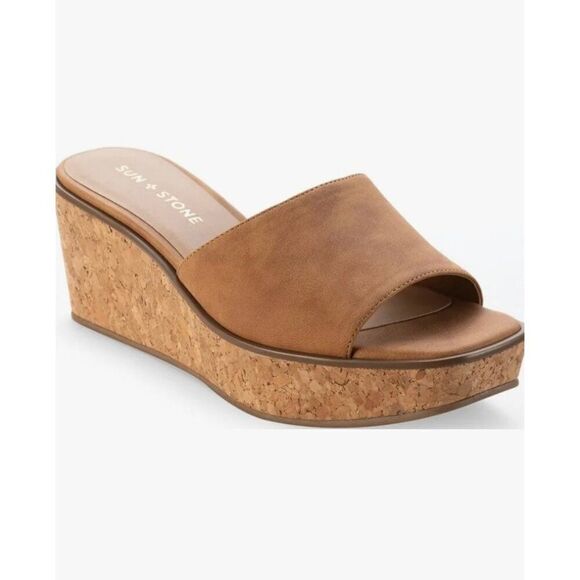 Sun + Stone Shoes - Sun + Stone Charlotte Women Tan Open-Toe Slip-On Wedge Shoe Size 8.5